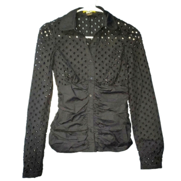 Long Sleeve Black Buttondown with Mesh Eyelet Cut Top 4 Petite - Picture 1 of 12